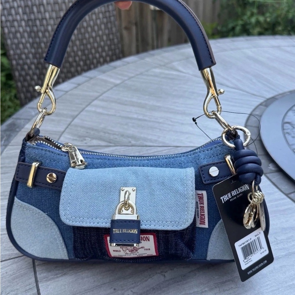 True Religion Patchwork Denim Shoulder Bag in Navy and Light Denim